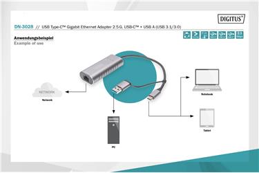 Digitus DN-3028 USB Tip C™ Gigabit Ethernet Adaptörü 2.5G, USB-C™ + US
