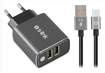 S-link SW-EHT36M 2 USB, 3.1A Metal Ev Sarj Cihazı ve Type-C Data + Sar